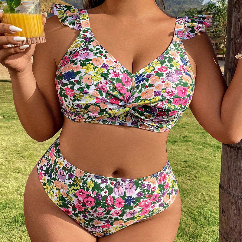 Plus Size Floral Ruffle Push-Up Bikini Set