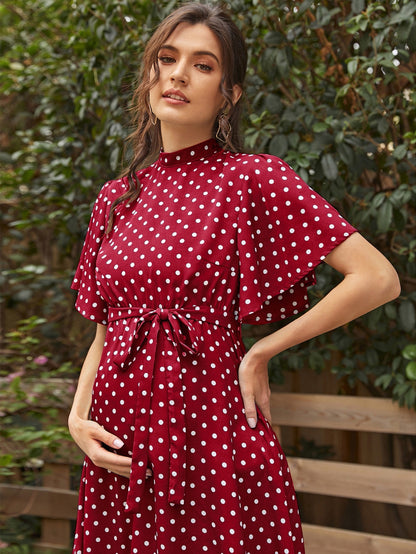 Fashionable and comfortable short sleeved polka dot chiffon maternity dress with straps - Plus Size Clothing
