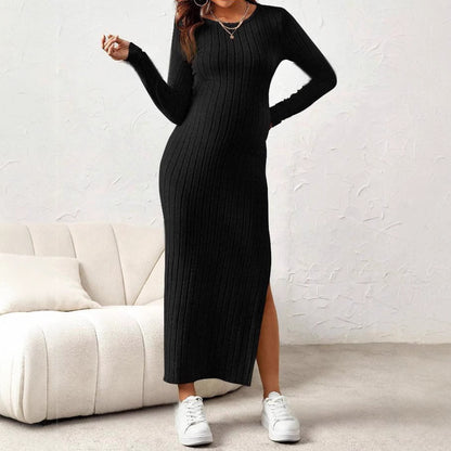 Maternity Dress with Round Neck Long Sleeve High Slit - Plus Size Clothing