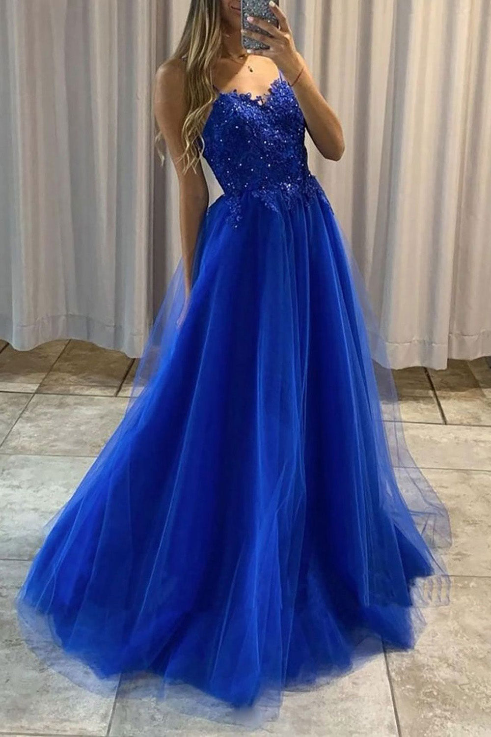 Plus Size Spaghetti Strap Evening Dress with Lace