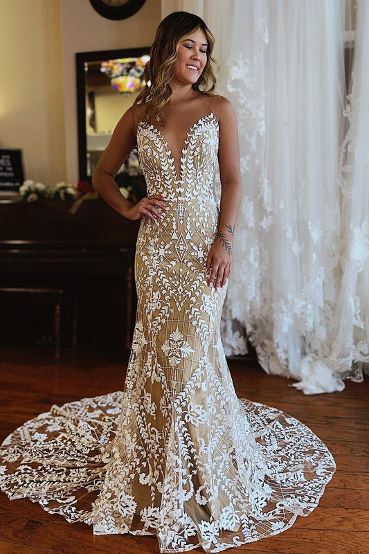 Plus Size Deep V Beading Lace Ball Gown