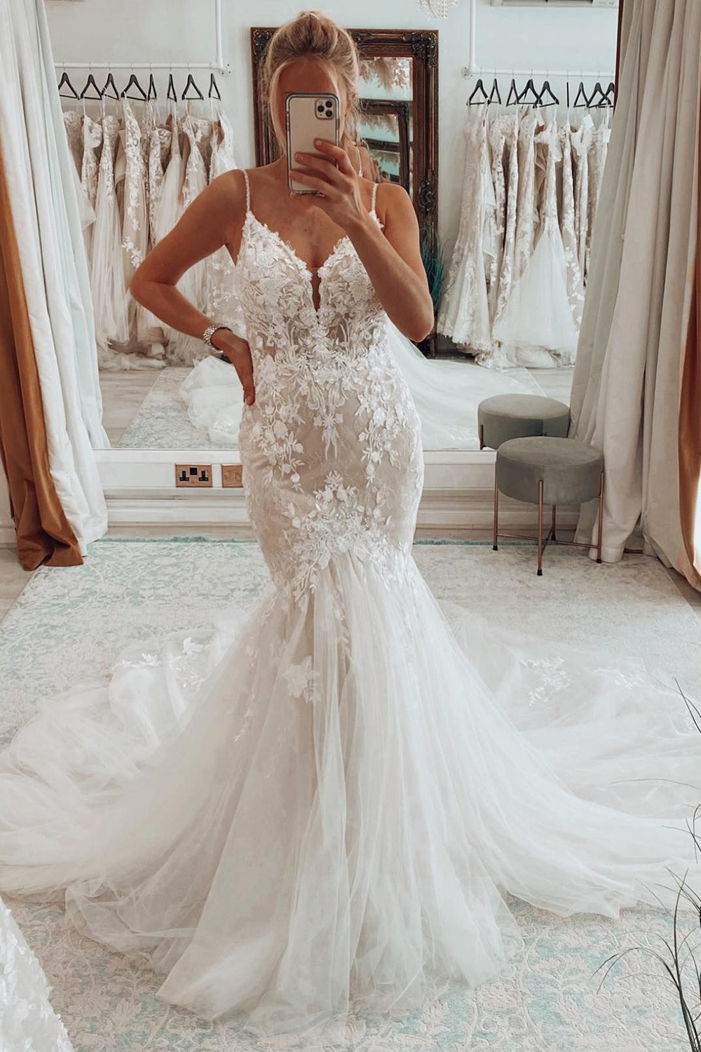 Plus Size Spaghetti Strap Deep V Mermaid Dress