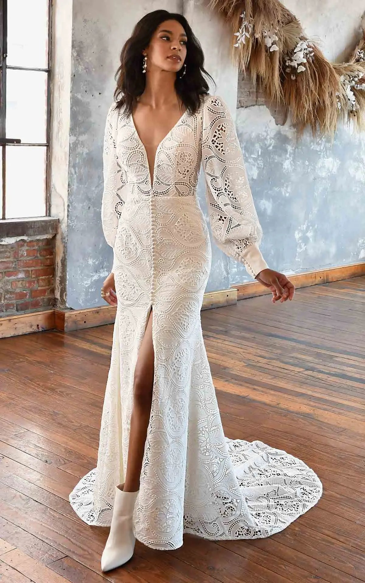 Plus Size Long Sleeve Deep V Wedding Dress