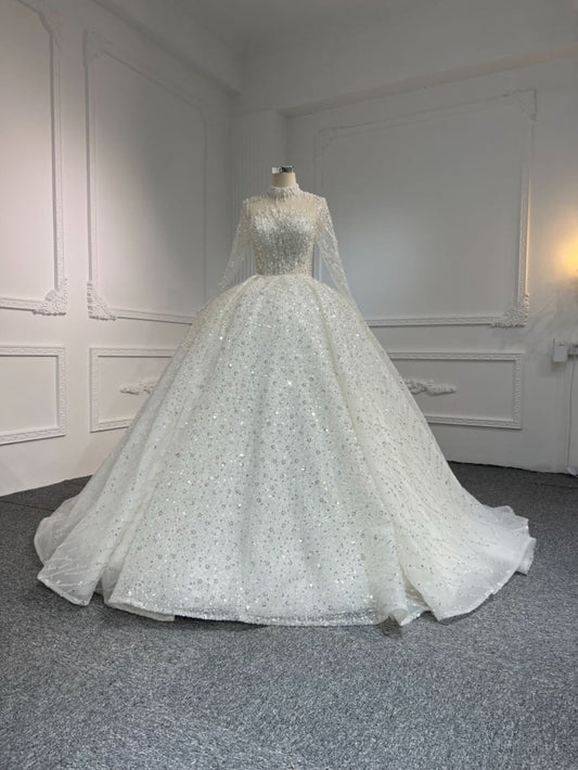 Plus Size Long-Sleeved Hand-Beaded Sequin Wedding Dress