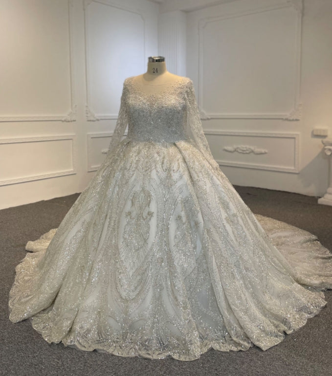Plus Size Long-Sleeved Beaded Wedding Dress