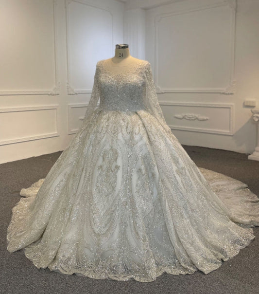 Plus Size Long-Sleeved Beaded Wedding Dress