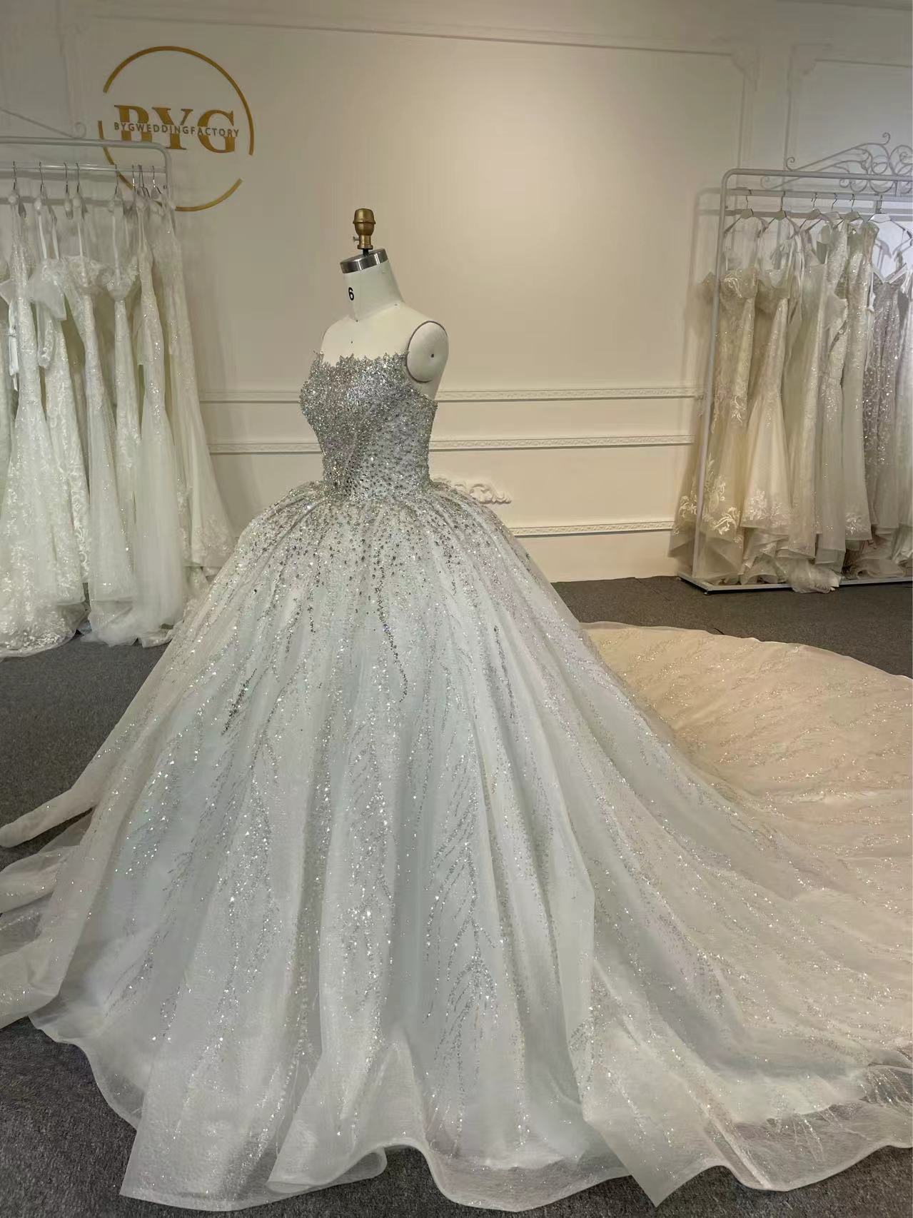 BYG24-13 LUXURY DIAMOND SLEEVELESS WEDDING DRESS WITH 2 METERS TAIL - Plus Size Clothing