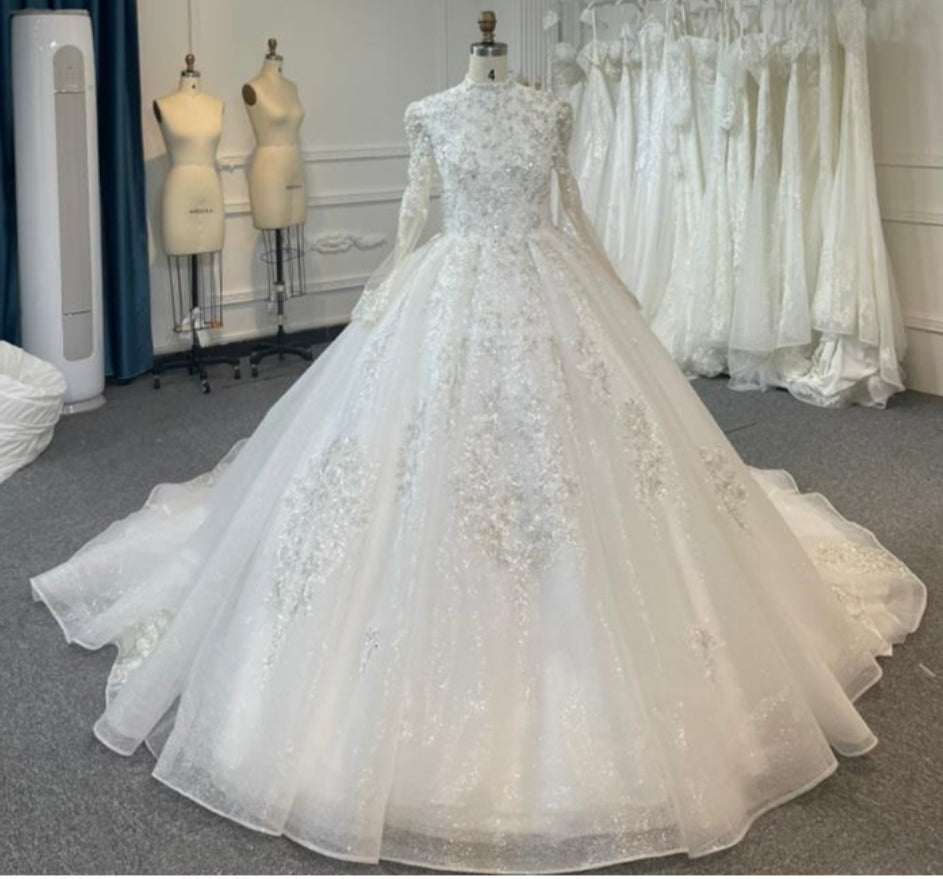 Plus Size Muslim Wedding Dress with Beaded Lace