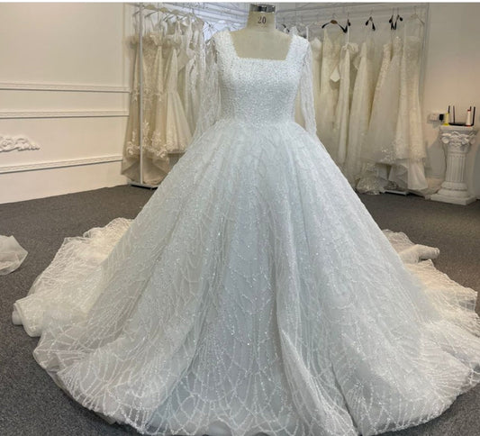 BYG24-22 SQUARE NECK SEQUIN GRID LACE WEDDING DRESS WITH BACK STRAP - Plus Size Clothing