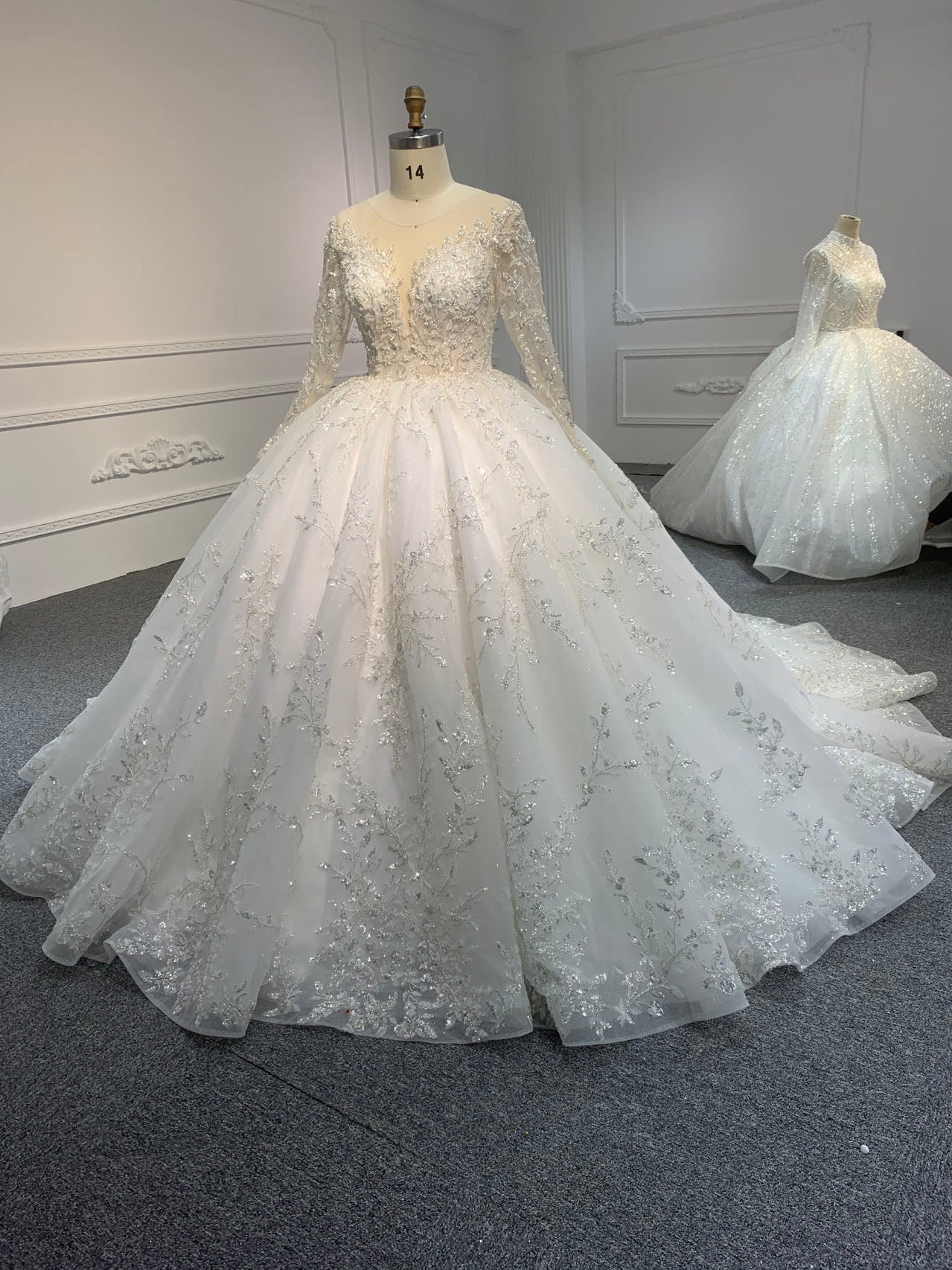 Plus Size Long-Sleeved Beaded Sequin Ball Gown