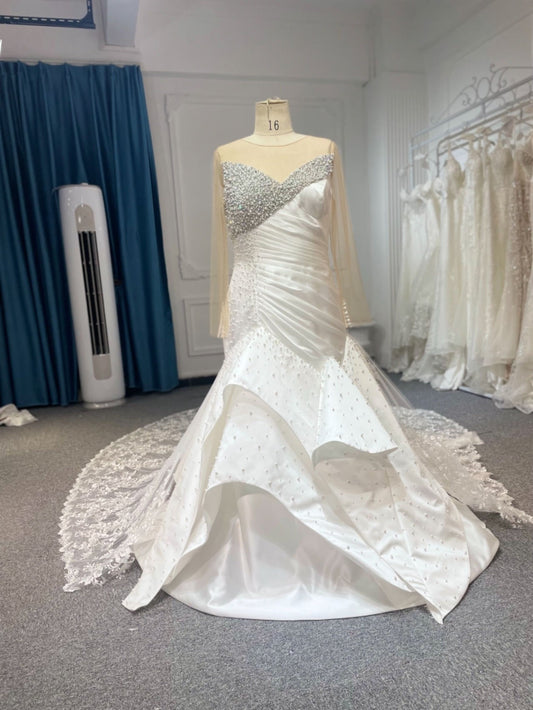 Plus Size Long Sleeve Pearl Wedding Dress