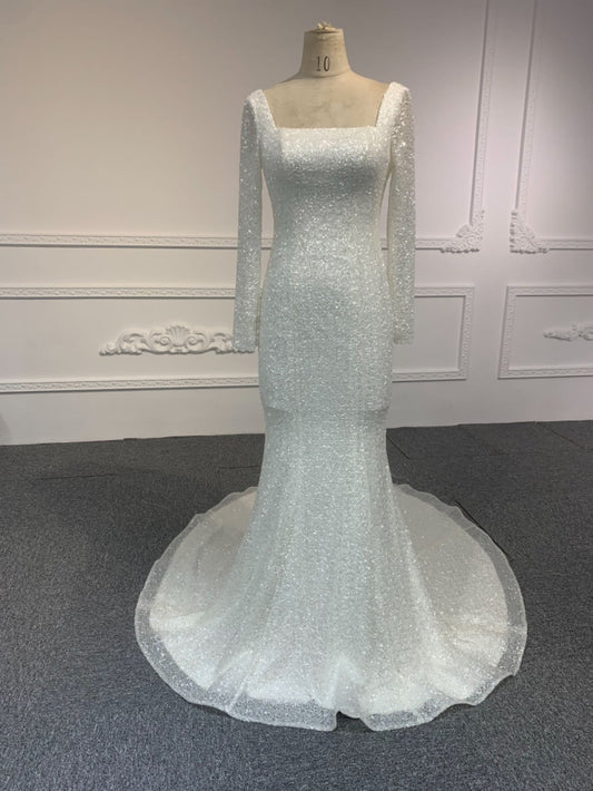 Plus Size Long Sleeve Square Neck A-Line Wedding Dress