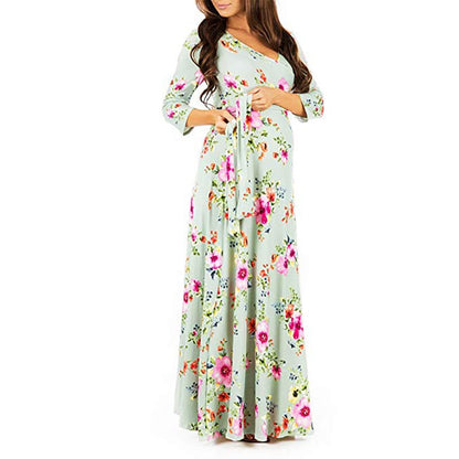 Cross deep V-neck waistband, waist cinched, 3/4 sleeves, floor mopping maternity dress, long dress - Plus Size Clothing