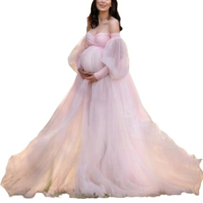 Maternity Plus Size Dress with Bubble SleevesOff-Shoulder Mesh Fabric Flared Skirt, Long Dress - Plus Size Clothing