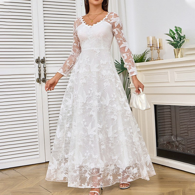 Plus Size Lace Long Sleeve One Shoulder Wedding Dress