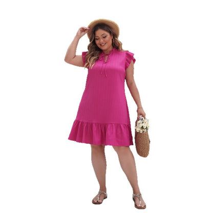 Plus Size Midi Dress with Ruffle Sleeves Loose Fit - Plus Size Clothing