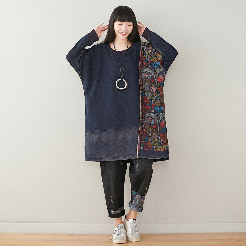 Plus Size Printed Knit Denim Mid-Length Sweater Dress