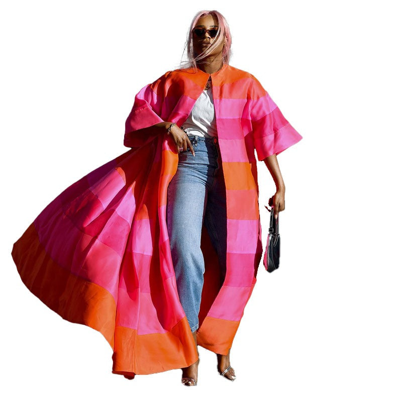 Plus Size Striped Big Swing 3/4 Sleeve Maxi Coverup