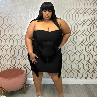 Plus Size Sexy Black Tube Top Fringed Strapless Dress - Plus Size Clothing