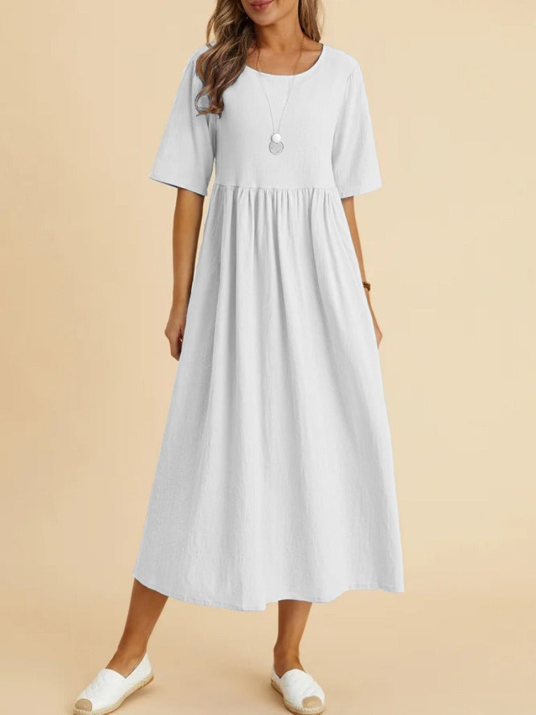 Plus Size Cotton Linen Round Neck Midi Dress