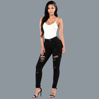 Plus Size Slim Fit Ripped Knee Denim Pencil Pants