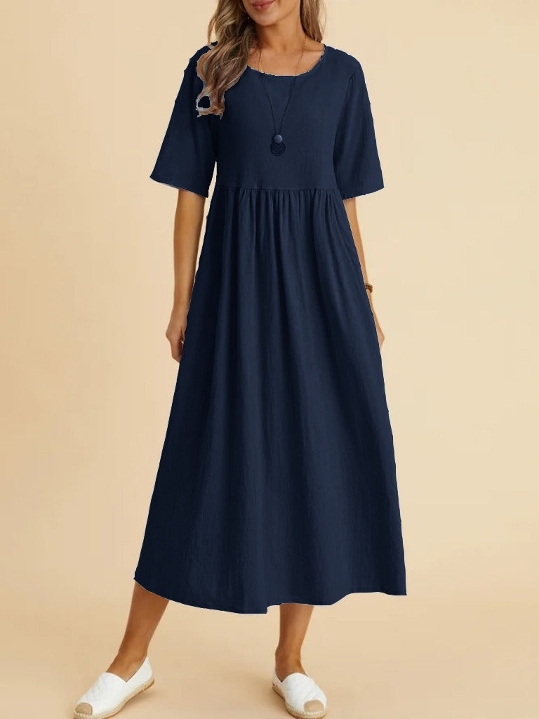 Plus Size Cotton Linen Round Neck Midi Dress