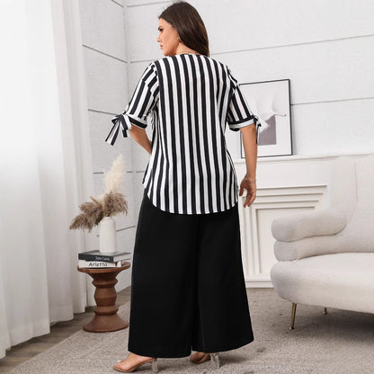 Plus Size Casual Striped Top and Wide Leg Pants Set