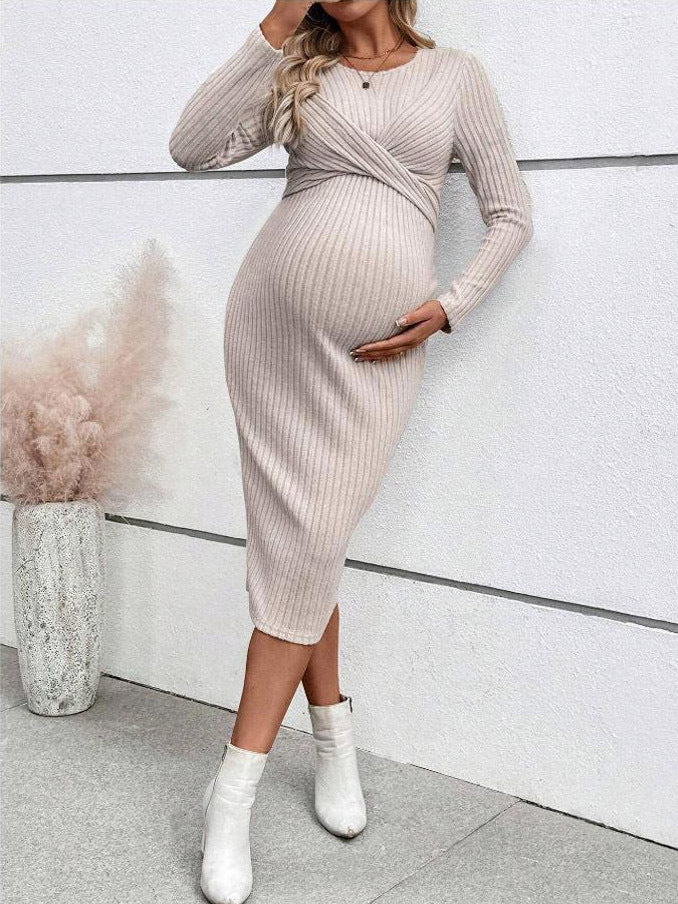 Plus Size Elegant Knot Maternity Dress Long Sleeve