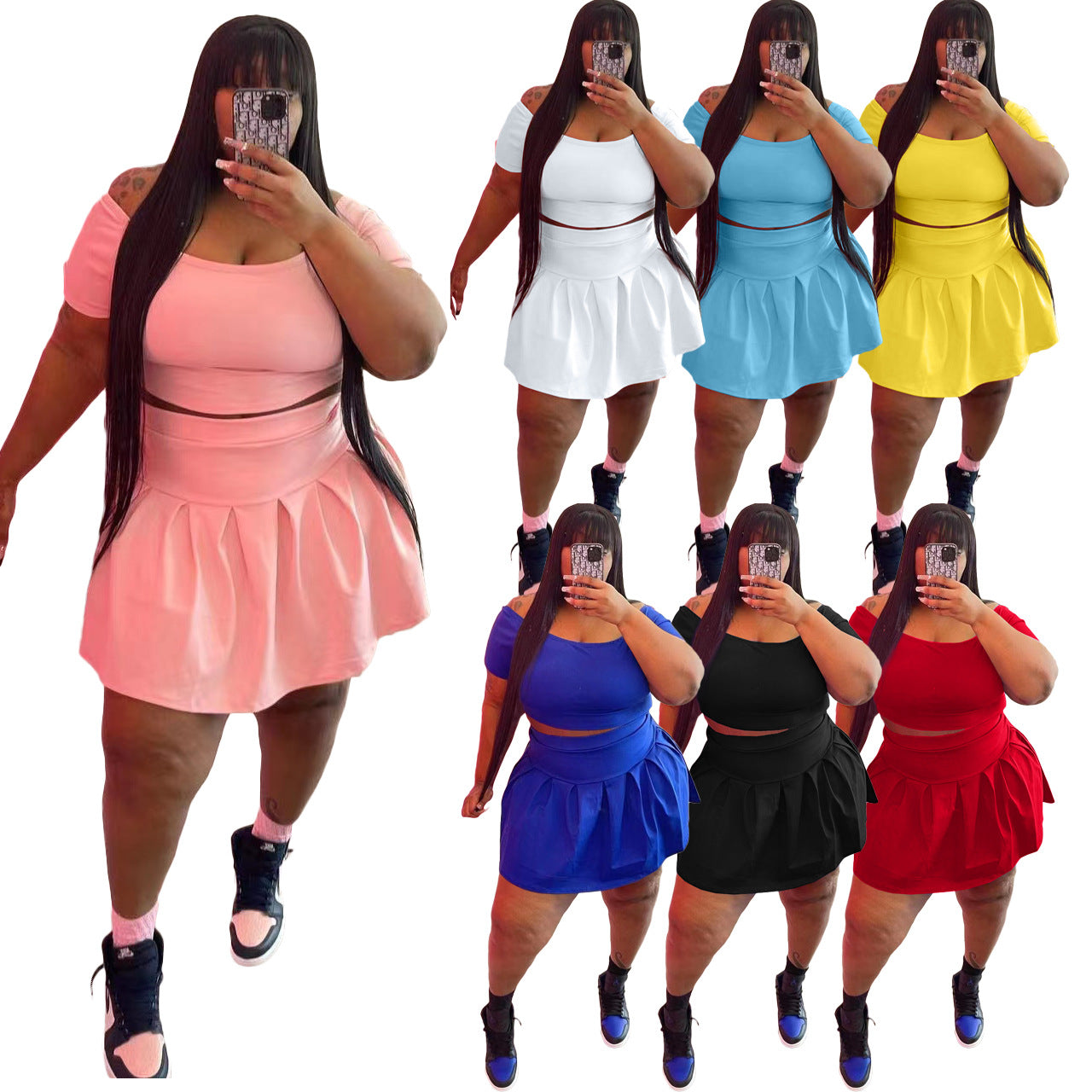 Plus Size Pleated Skirt Two Piece Set