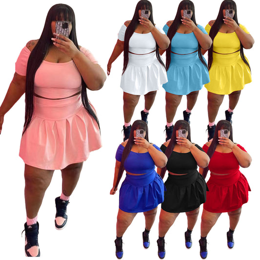 Plus Size Pleated Skirt Two Piece Set