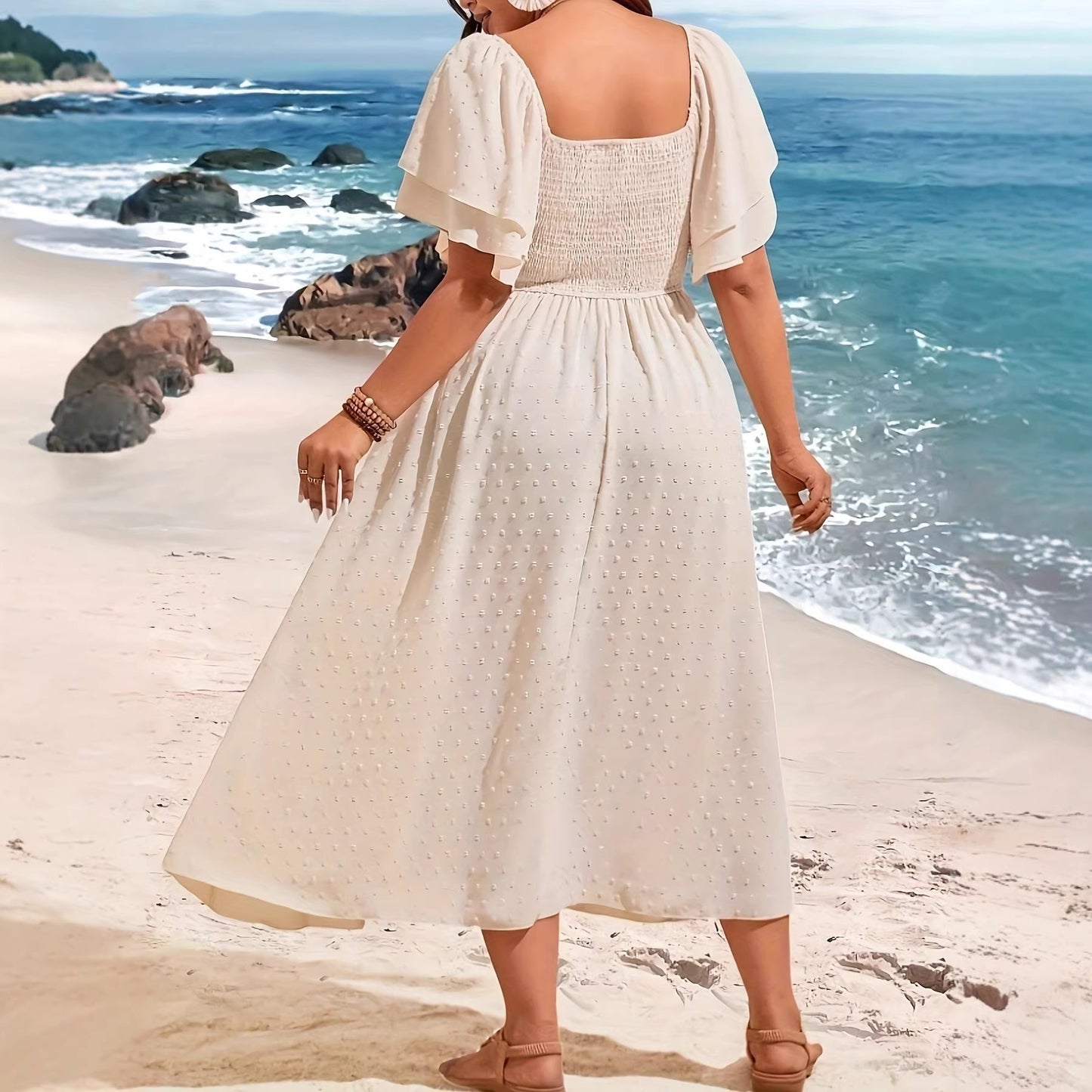 Plus Size Elegant V-Neck Long Sleeve Waist-Cinching Dress