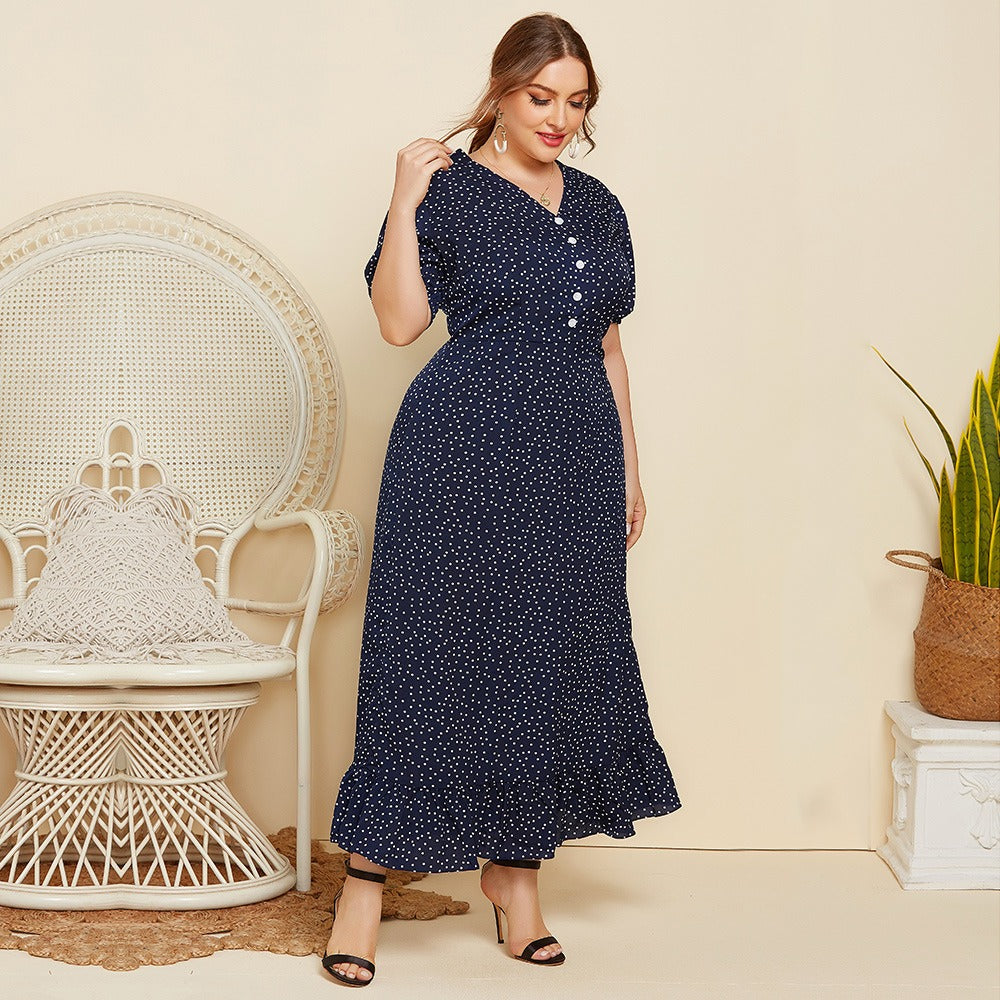 Large Size Women Summer Polka Dot Fashion Short Sleeved Plus Fat Long Fashion Dress JR052 - Plus Size Clothing