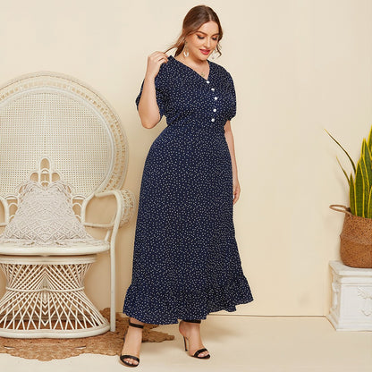 Large Size Women Summer Polka Dot Fashion Short Sleeved Plus Fat Long Fashion Dress JR052 - Plus Size Clothing