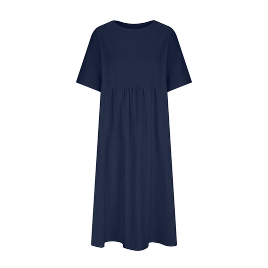 Plus Size Cotton Linen Round Neck Midi Dress