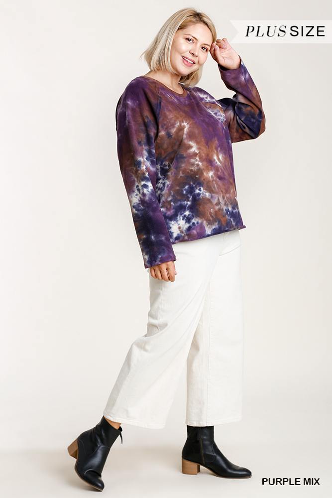 French Terry Tie-dye Raglan Long Sleeve Top With Raw Hem