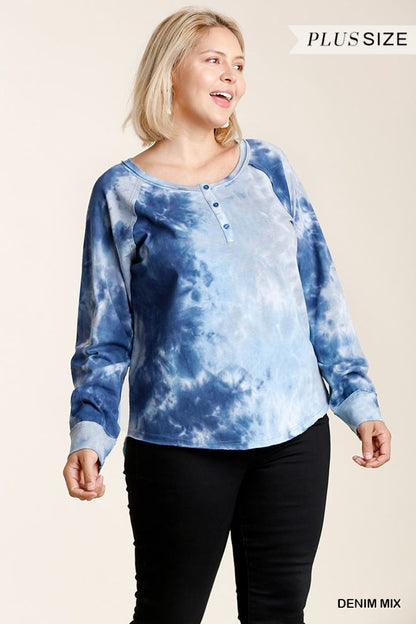 Tie-dye Button Front Long Raglan Sleeve Top With Raw Hem - Plus Size Clothing