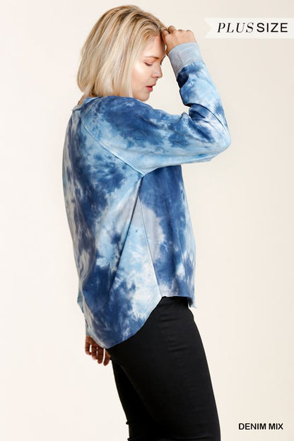 Tie-dye Button Front Long Raglan Sleeve Top With Raw Hem - Plus Size Clothing