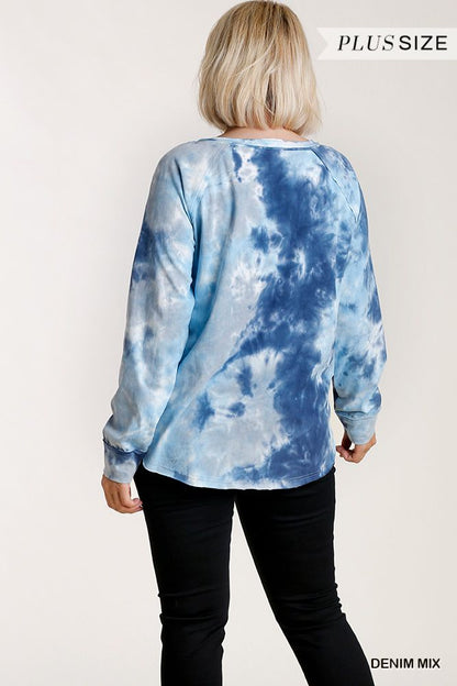 Tie-dye Button Front Long Raglan Sleeve Top With Raw Hem - Plus Size Clothing