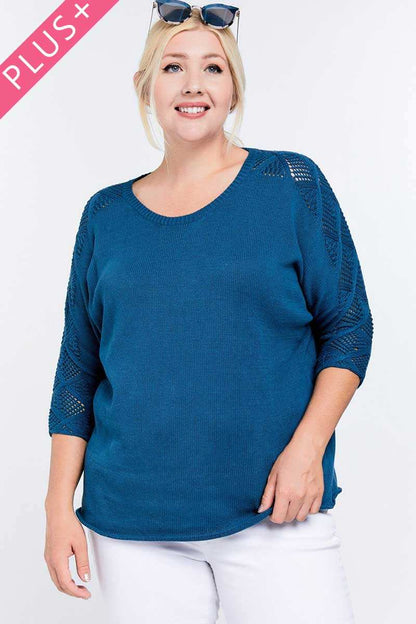 Solid Round Neck 3/4 Sleeve Sweater Top - Plus Size Clothing