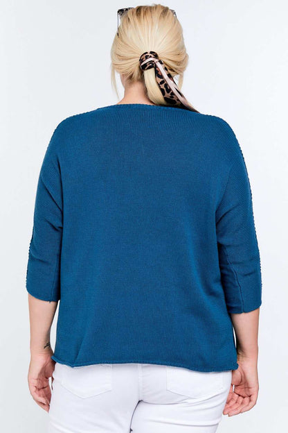 Solid Round Neck 3/4 Sleeve Sweater Top - Plus Size Clothing