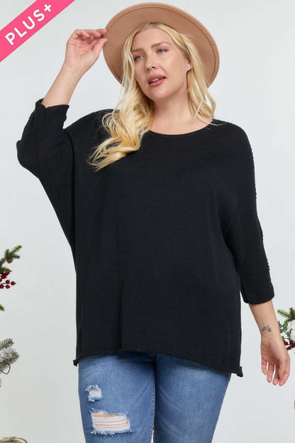 Solid Round Neck 3/4 Sleeve Sweater Top - Plus Size Clothing