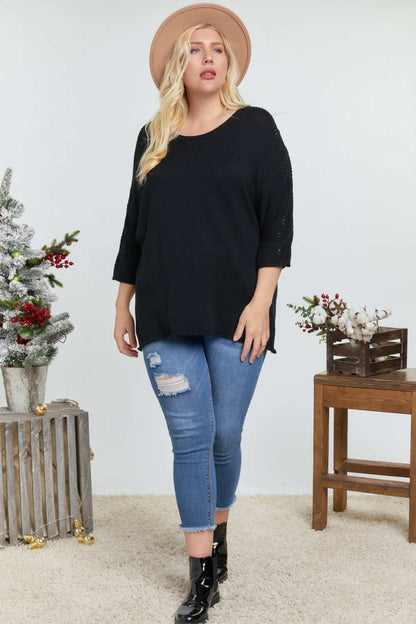 Solid Round Neck 3/4 Sleeve Sweater Top - Plus Size Clothing