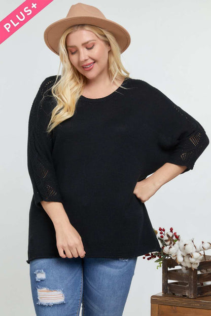 Solid Round Neck 3/4 Sleeve Sweater Top - Plus Size Clothing