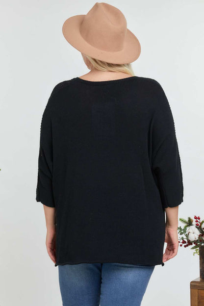 Solid Round Neck 3/4 Sleeve Sweater Top - Plus Size Clothing