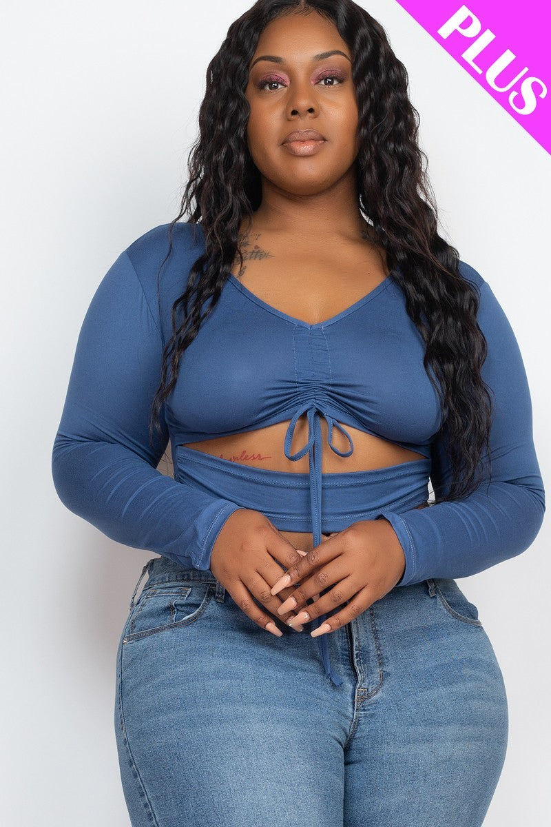 Plus Size Drawstring Ruched Cutout Crop Top - Plus Size XL-4XL