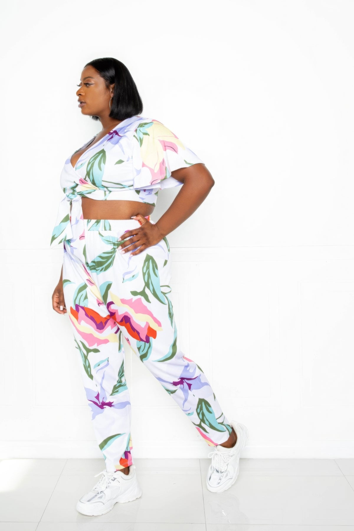Plus Size Flower Jogger & Top Set - Plus Size XL-4XL