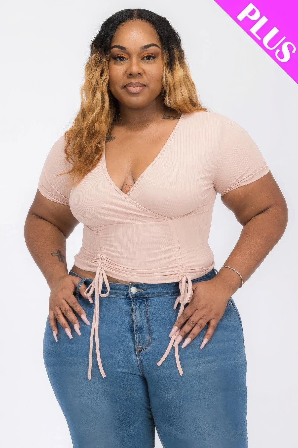 Plus Size Ribbed Surplice Top - Plus Size XL-4XL