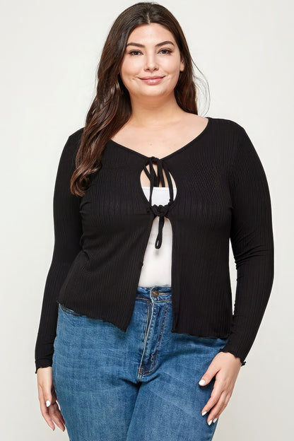 Solid Ribbed Pointelle Cardigan - Plus Size Clothing