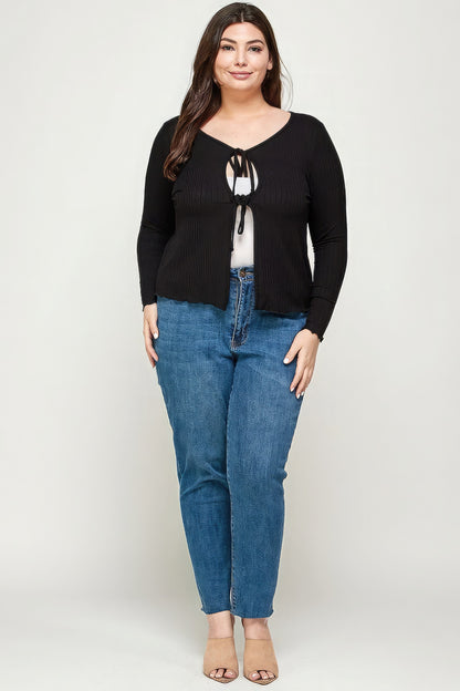 Solid Ribbed Pointelle Cardigan - Plus Size Clothing