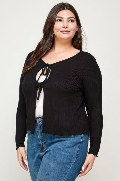 Solid Ribbed Pointelle Cardigan - Plus Size Clothing